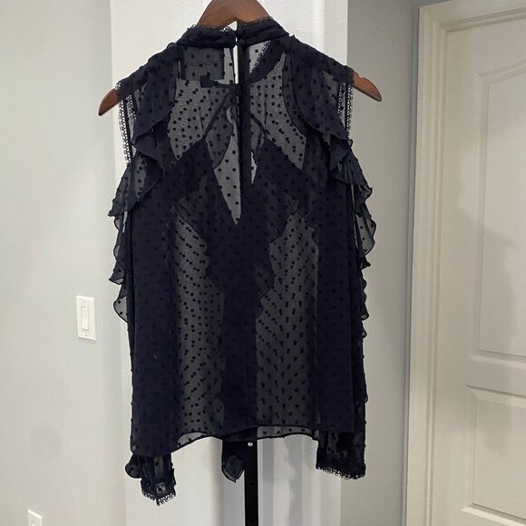 Nicholas Ruffle Trim Cold Shoulder Blouse Sheer Swiss Dot Top Navy Blue Size 6 • - Picture 6 of 7